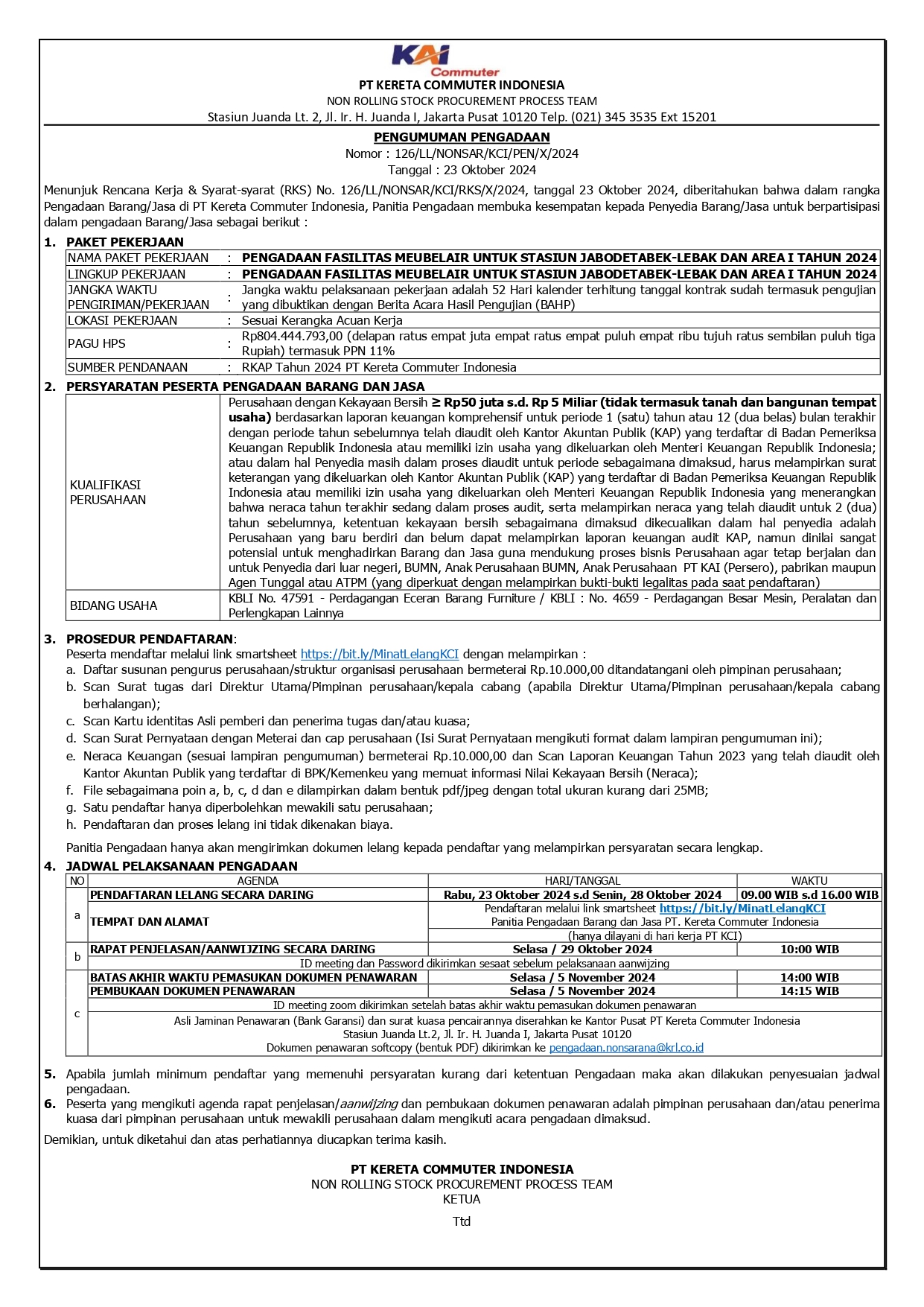 1 pengumuman 126 fasilitas meubleair stasiun jabo dan wil 1